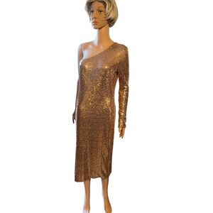 Fashion Nova Women Rose Gold Sequin One Shoulder Midi Dress XL D1127 Long Sleeve